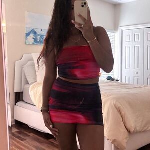 SHEIN Pink Purple Red 2 Piece Medium Women's Skirt Strapless Top Going Out Set